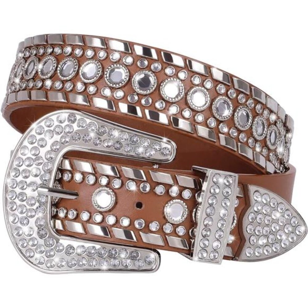 XZQTIVE Rhinestone Studded Western Leather Belt for Men Women Vintage Bling